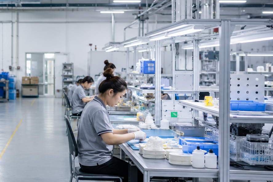 Silicone components moving through trimming assembly and packaging preparation