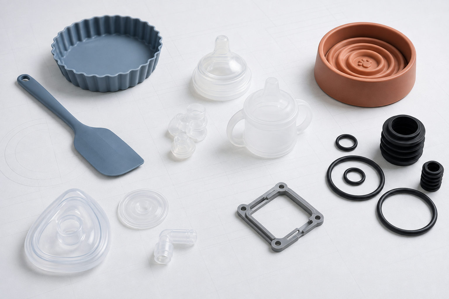 A range of silicone product concepts for kitchen, baby, medical, industrial, and custom applications