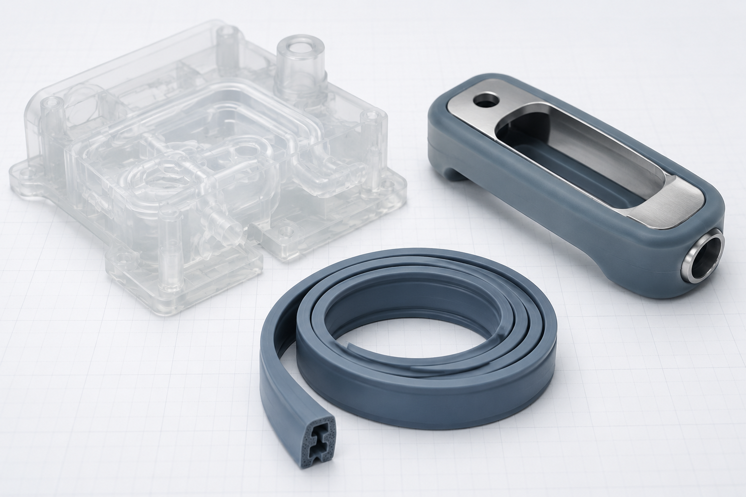 Three custom silicone manufacturing forms in a premium industrial studio setting.