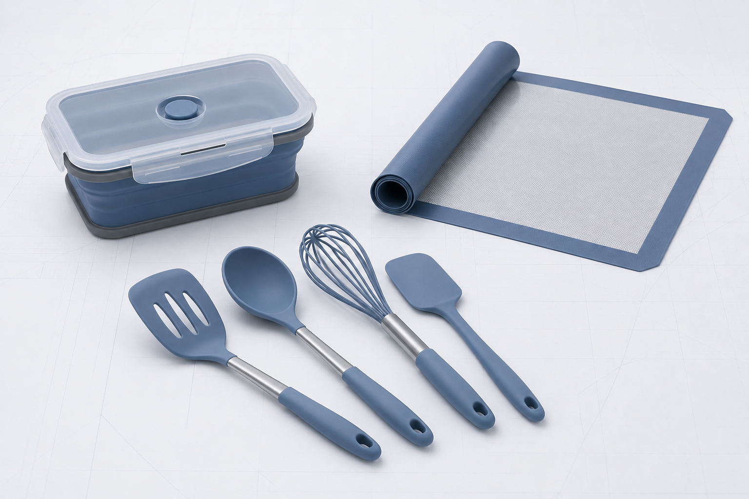 Three silicone kitchen product forms arranged in a clean studio setting.