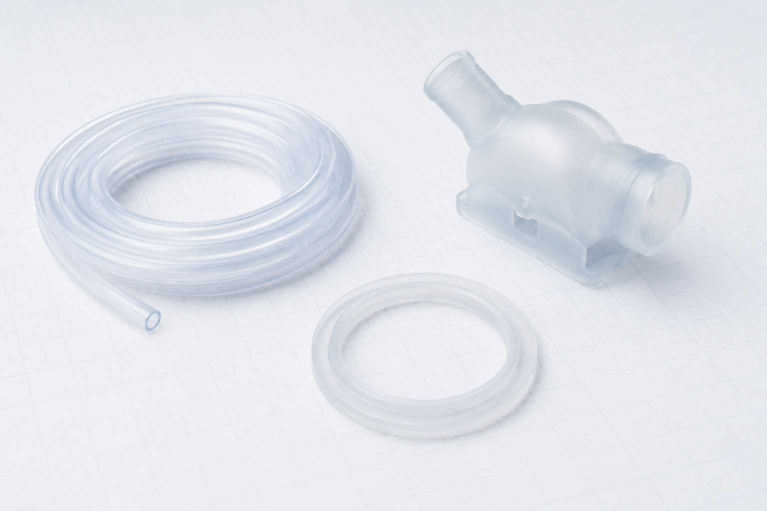 Three precision silicone component forms shown in a neutral technical studio setting.