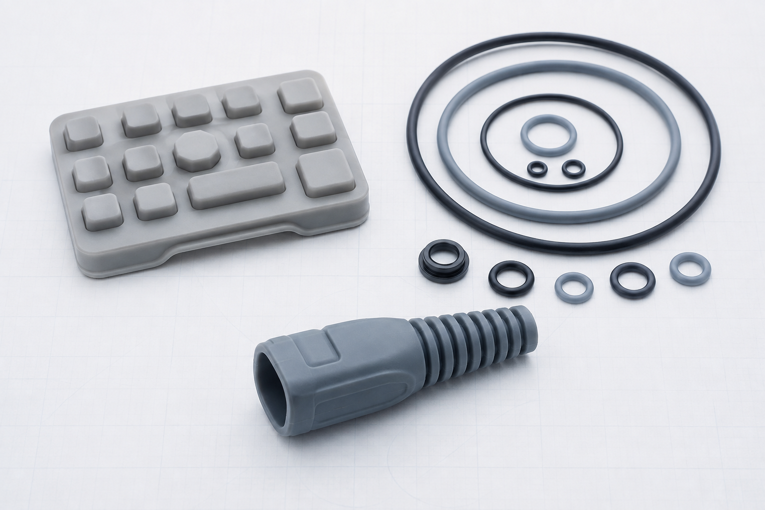 Three custom silicone parts shown in a clean technical studio composition.